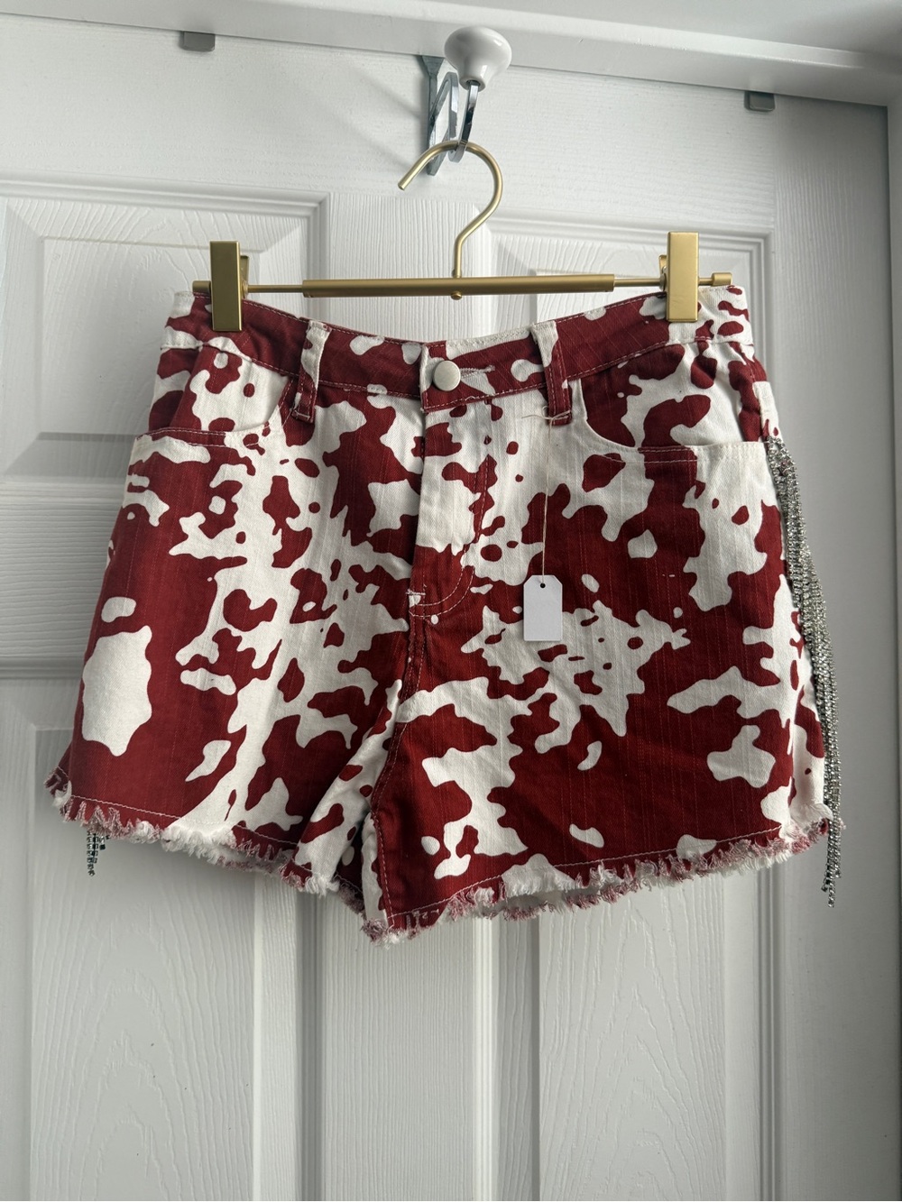 Red & White Printed Denim Shorts with Frayed Hem